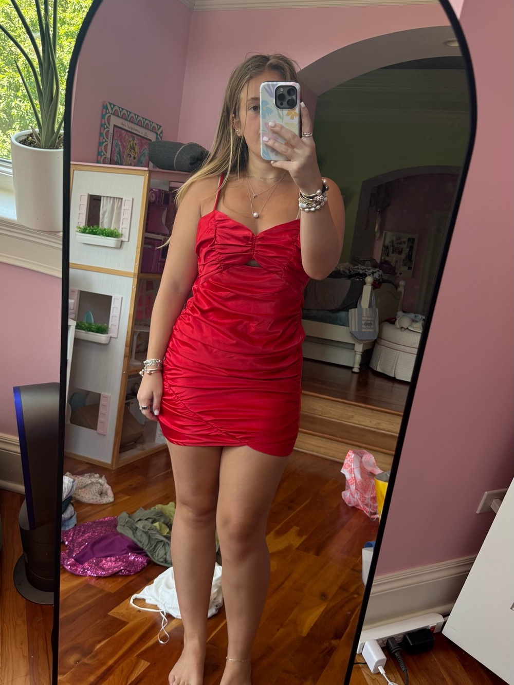 Red Ruched Mini Dress with Spaghetti Straps - Picture 1 of 2